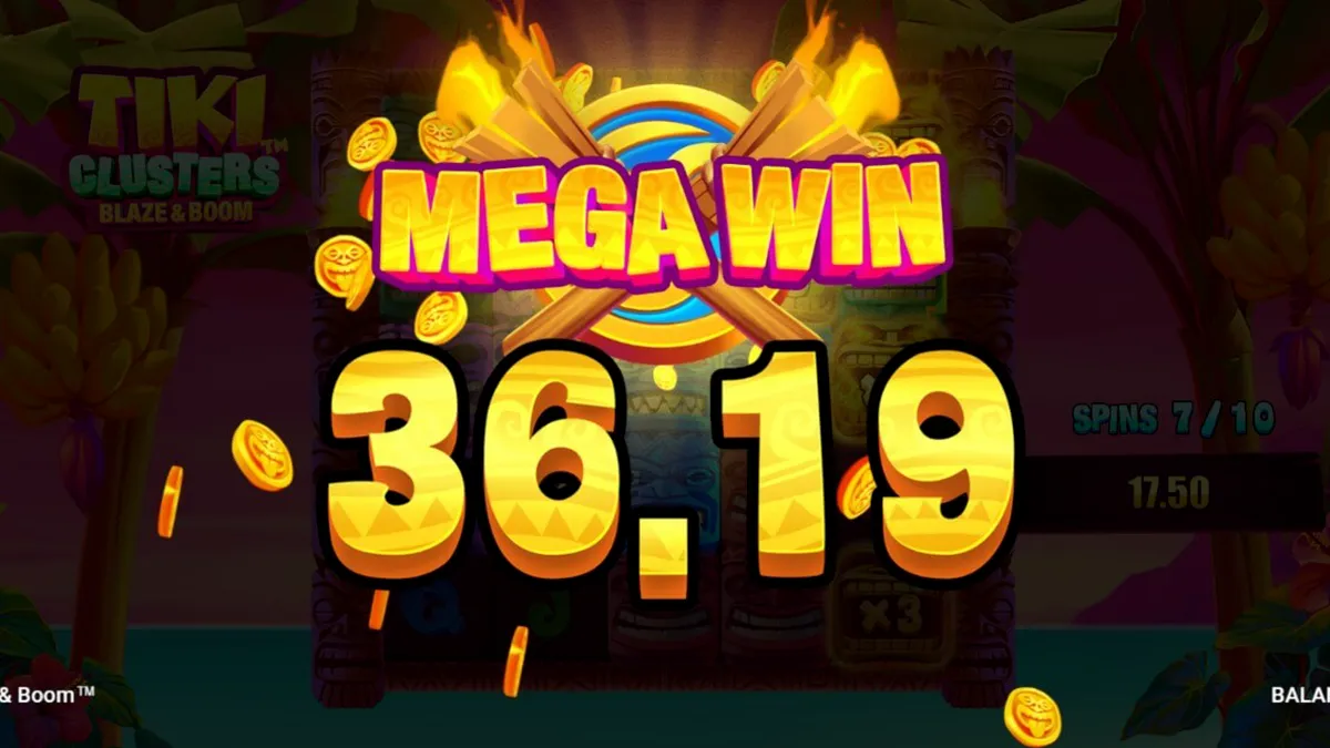 Tiki Clusters Blaze & Boom slot machine gameplay with tropical jungle theme